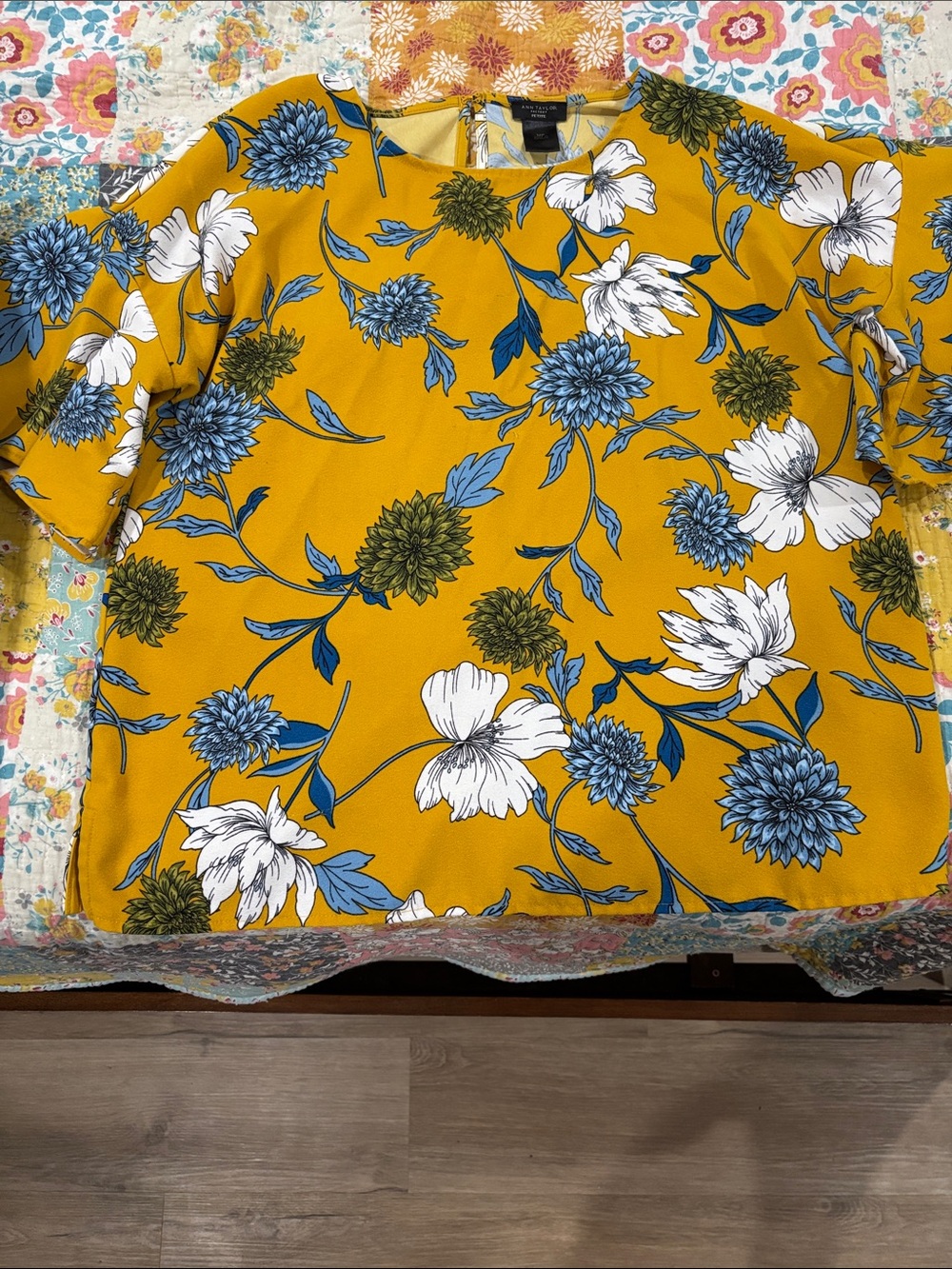 Ann Taylor Factory Mustard Floral Short Sleeve Top with Blue and White Blooms